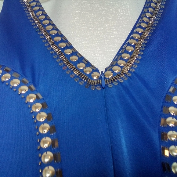 New Small Blue Silver Bebe Tribal Rings Knit Dress Homecoming Prom Holiday Party - Picture 9 of 11